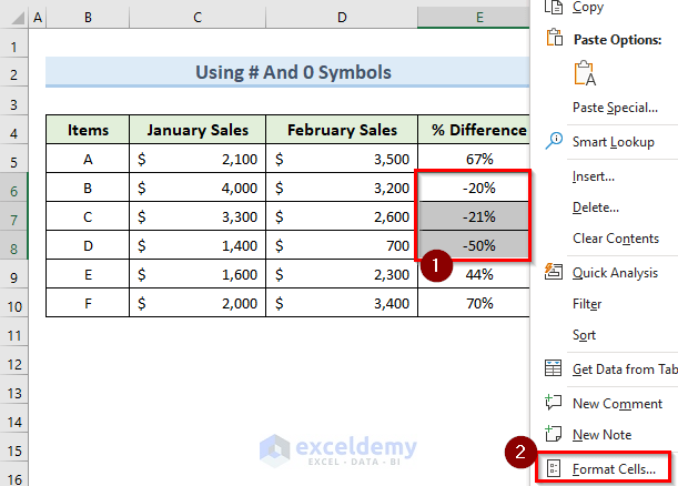 combining 0 and # symbols to put negative percentage values inside brackets in excel