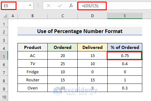 Apply Percentage Number Format in Excel for Showing One Number as a Percentage of Another