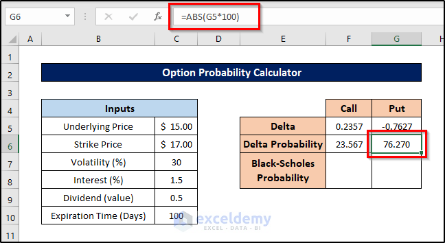 delta probability of put value for option probability calculator excel
