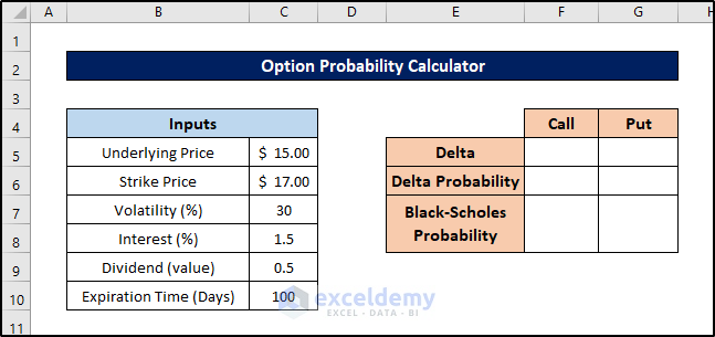 inserting input in option probability calculator excel