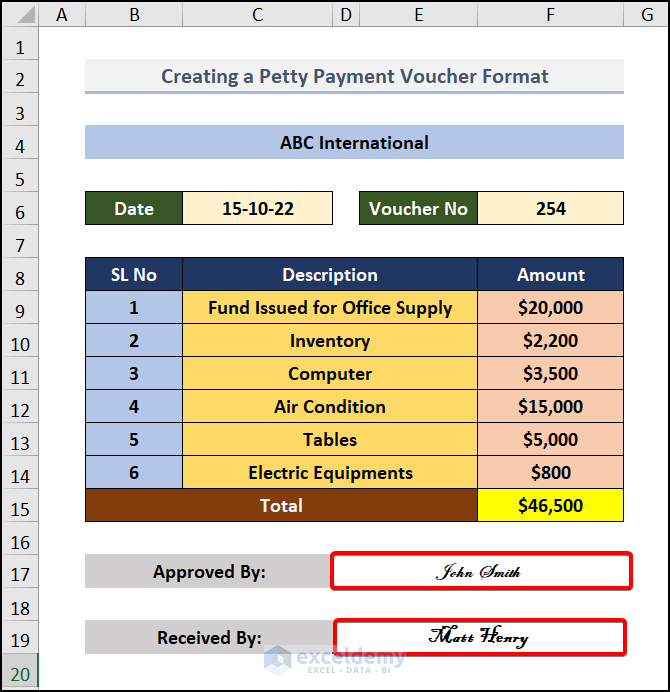 Evaluate Authorized Signature to make petty cash payment voucher in Excel