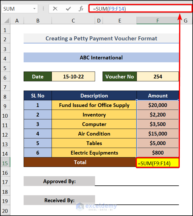 Calculate the Total Amount to make petty cash payment voucher in Excel