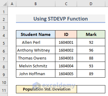Use Built-In Excel Functions to Determine Population Standard Deviation