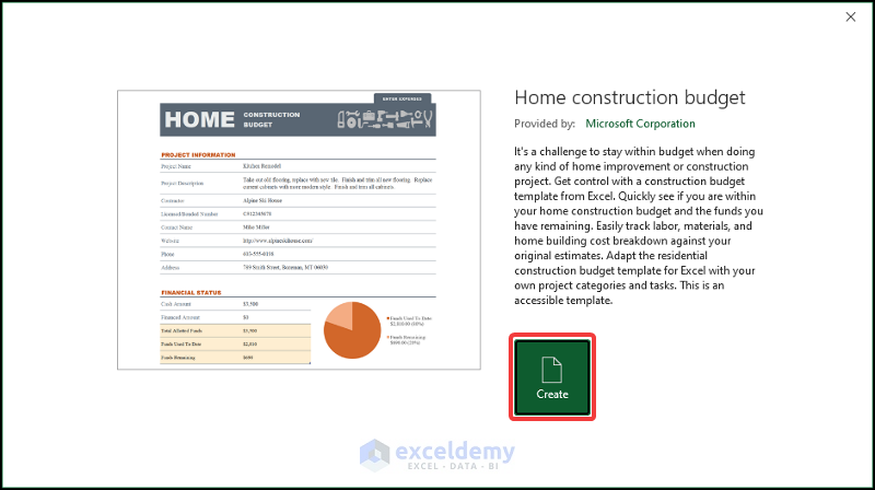 Creating pre-built template to create renovation budget template in Excel