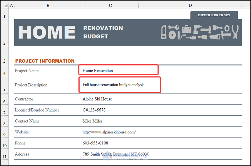 Editing pre-built template to create renovation budget template in Excel