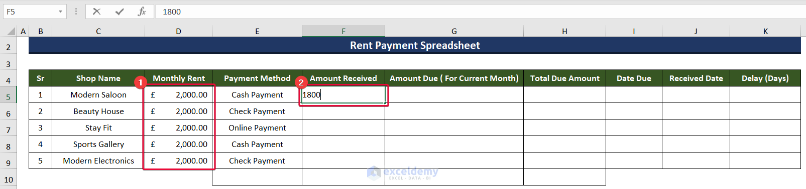 inserting data to create a rent payment excel spreadsheet