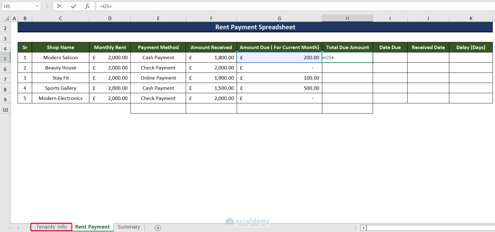 adding formula to create a rent payment excel spreadsheet