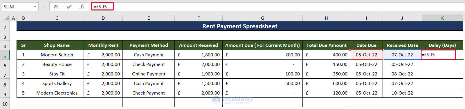 typing date difference formula to create a rent payment excel spreadsheet