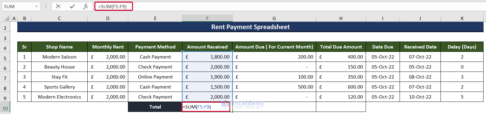 summing up the amount received to create a rent payment excel spreadsheet