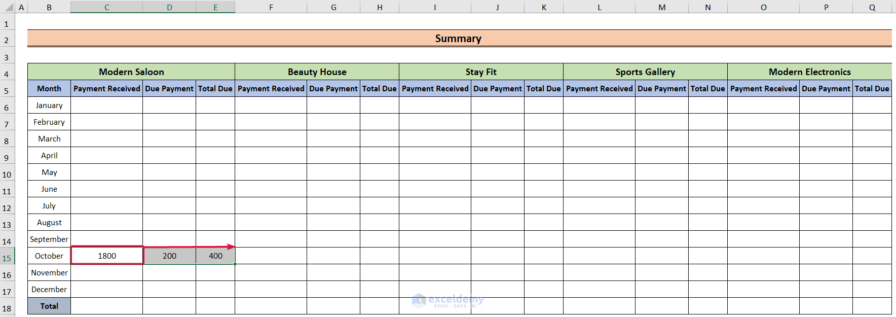 calculating monthly and total due of shops to create a rent payment excel spreadsheet
