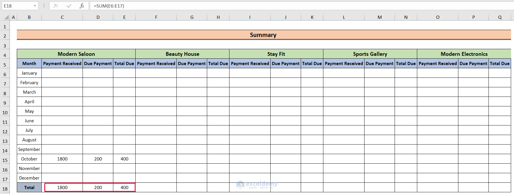 summing up transaction of one shop to create a rent payment excel spreadsheet