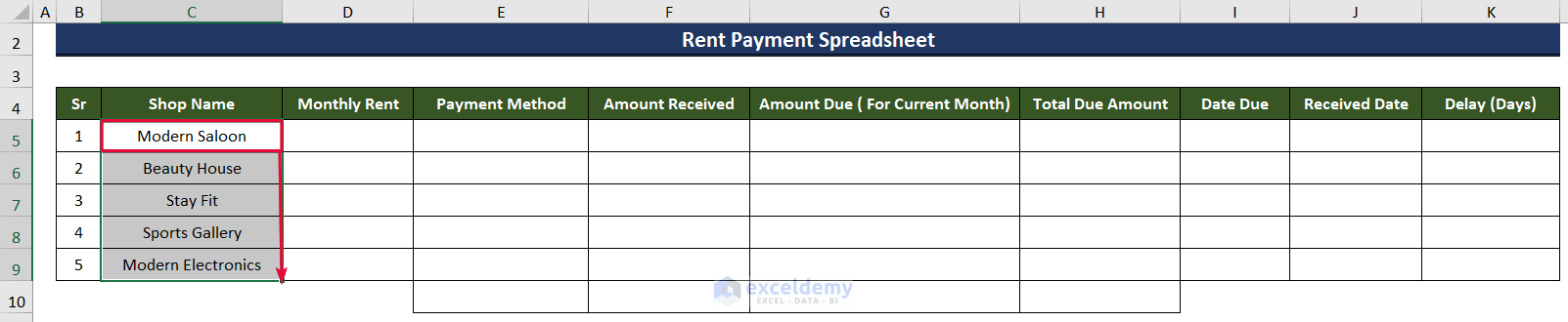 autofilling the column to create a rent payment excel spreadsheet
