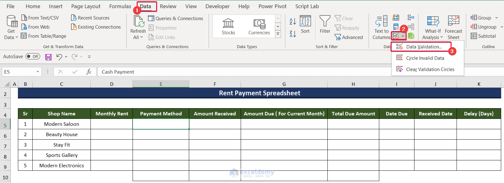 using data validation command to create a rent payment excel spreadsheet