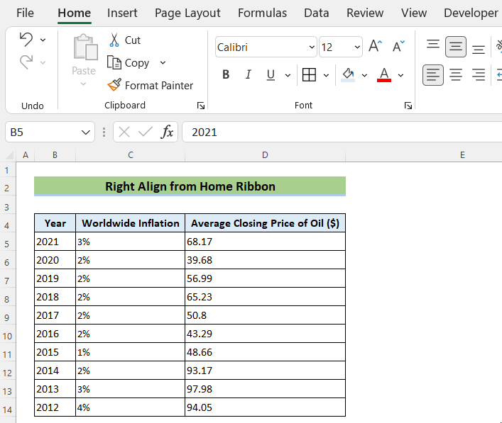 Change Alignment in Excel to Right from Home Ribbon