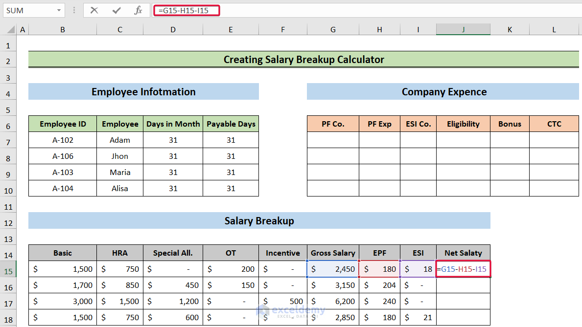 calculating net salary to create a salary breakup calculator in excel