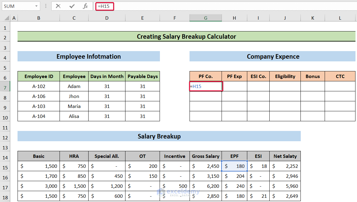 measuring pf of company to create a salary breakup calculator in excel