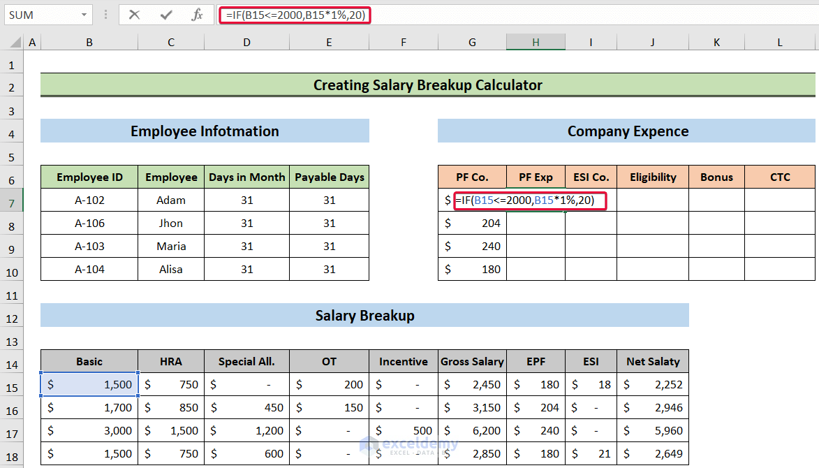 determining pf expenses to create a salary breakup calculator in excel