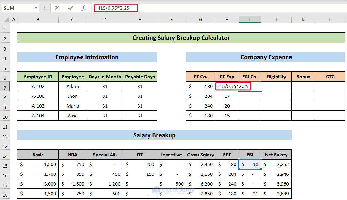 calculating company esi to create a salary breakup calculator in excel