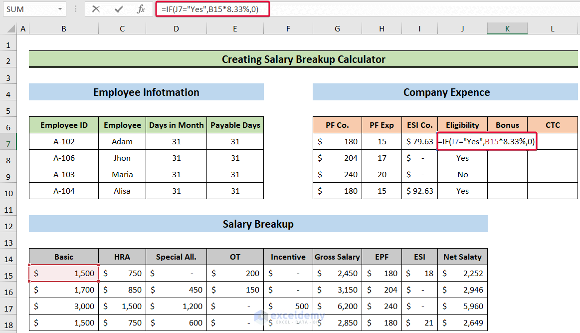 measuring bonus to create a salary breakup calculator in excel