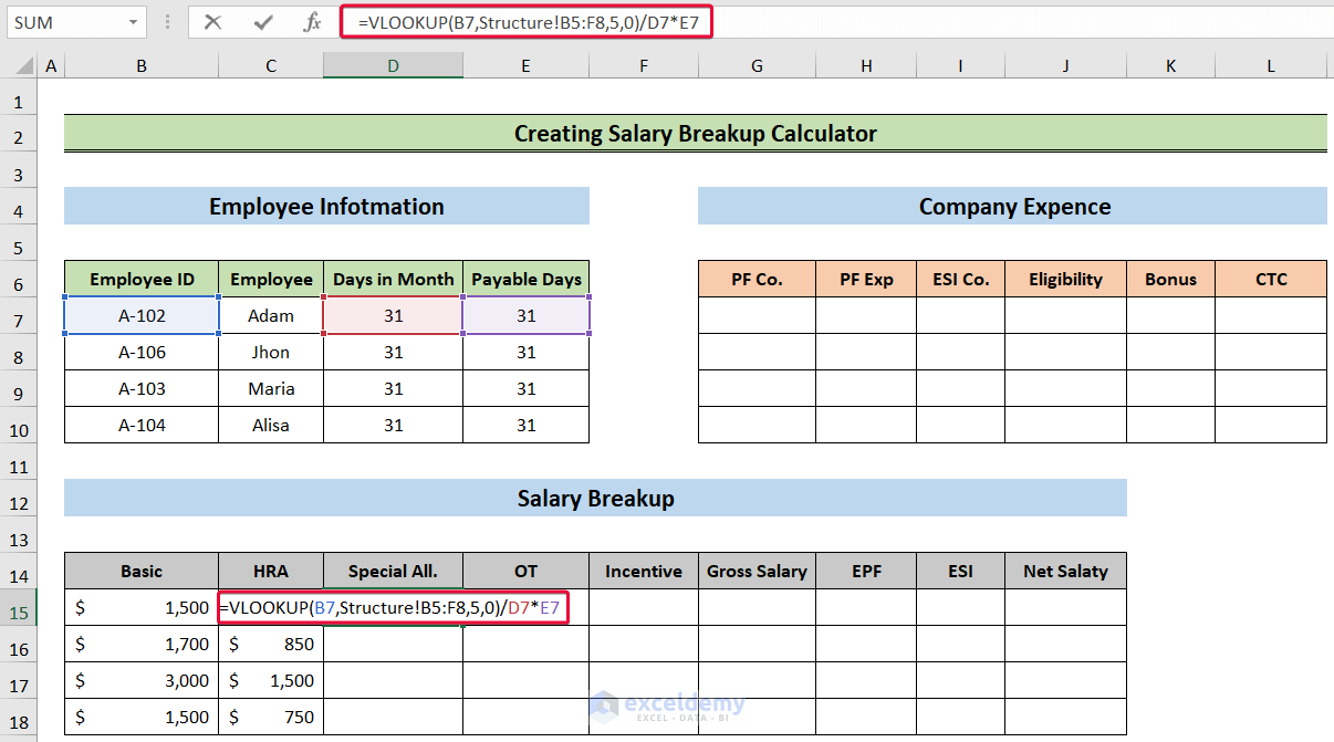 evaluating special allowance to create a salary breakup calculator in excel