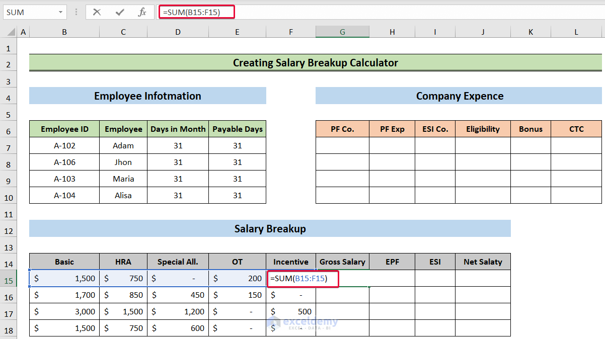 measuring gross salary to create a salary breakup calculator in excel