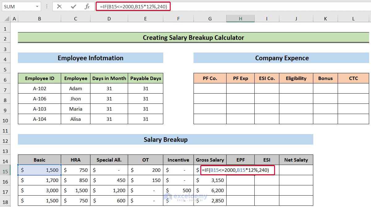 determining epf to create a salary breakup calculator in excel