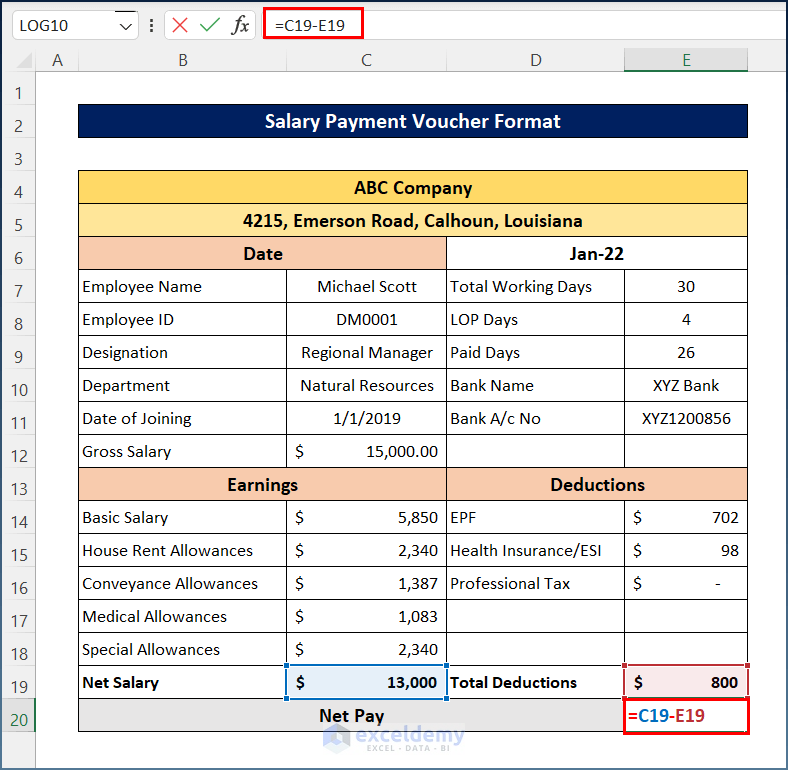 Estimate Net Pay to Create a Salary Payment Voucher Format in Excel