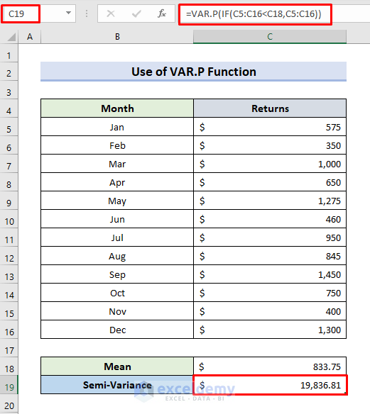Insert VAR.P Function for Calculating Semi Variance in Excel