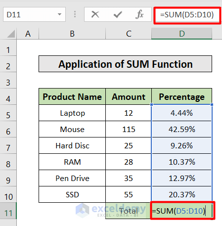 SUM Function to Get Sum of Percentages in Excel