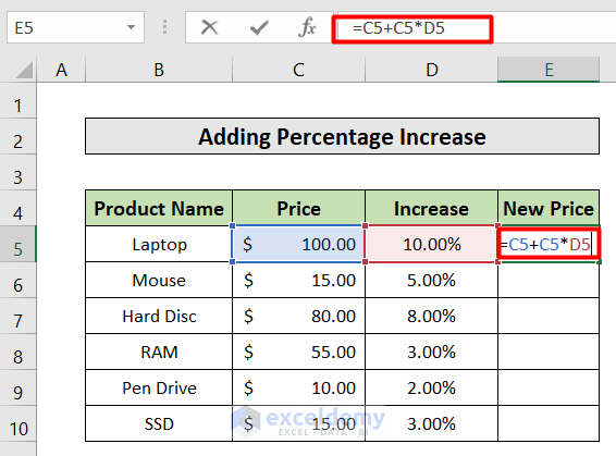 Add percentage increase to sum of percentages in excel