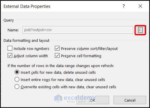 External Data Properties Window