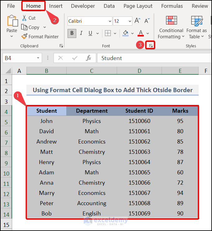 Using Format Cell Dialog Box to Add Thick Outside Border in Excel