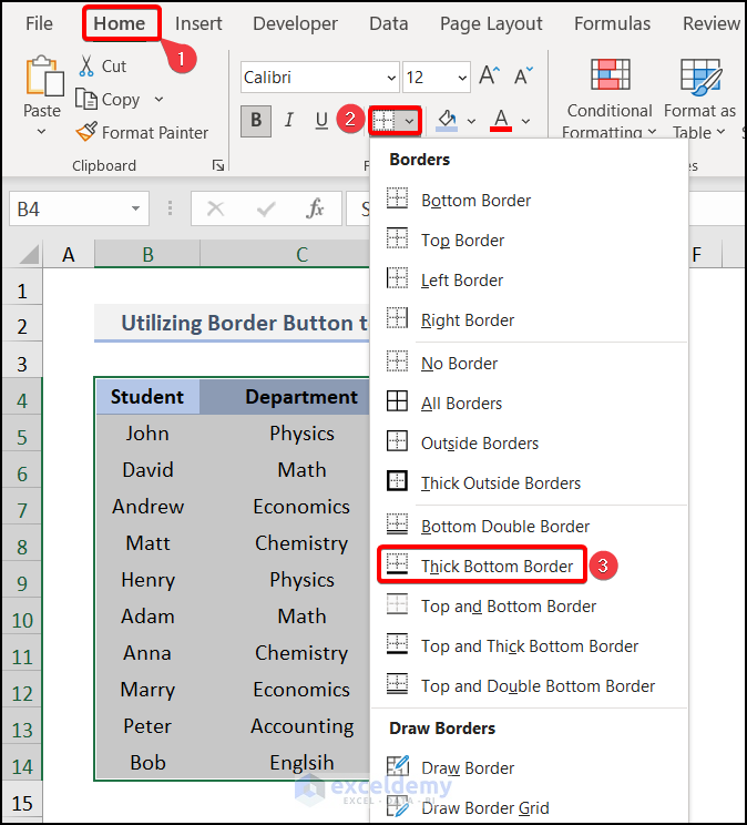 Utilizing Borders Button to Add Thick Bottom Border in Excel