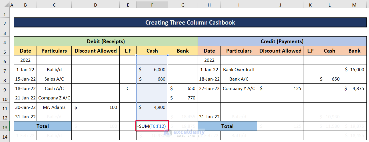 inserting formula for three column cash book excel