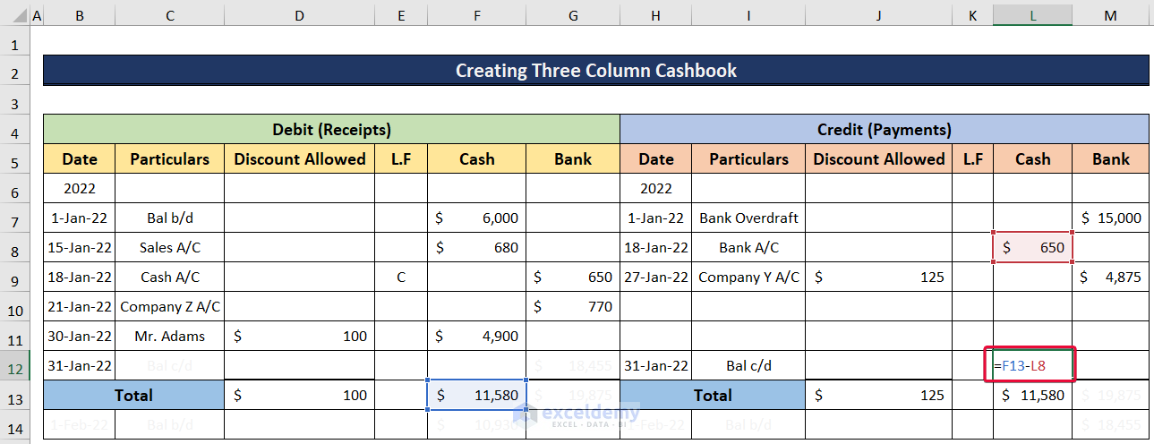 typing formula to find carried down cash balance for three column cash book excel