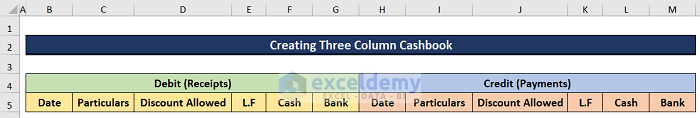 inserting column for three column cash book excel