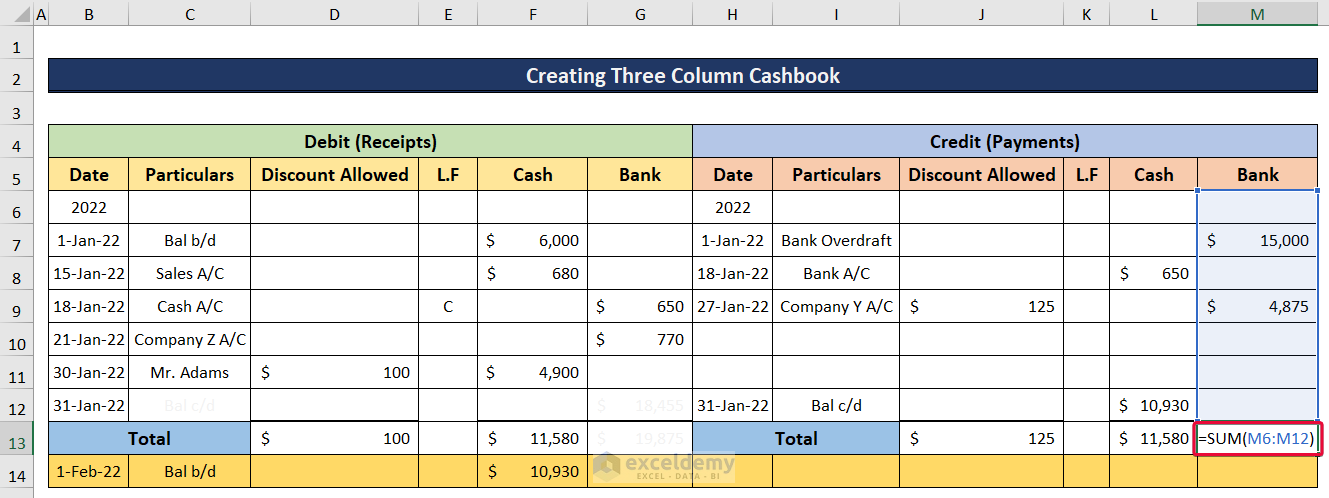 typing formula for three column cash book excel
