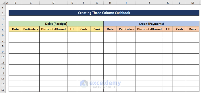 expanding table for three column cash book excel