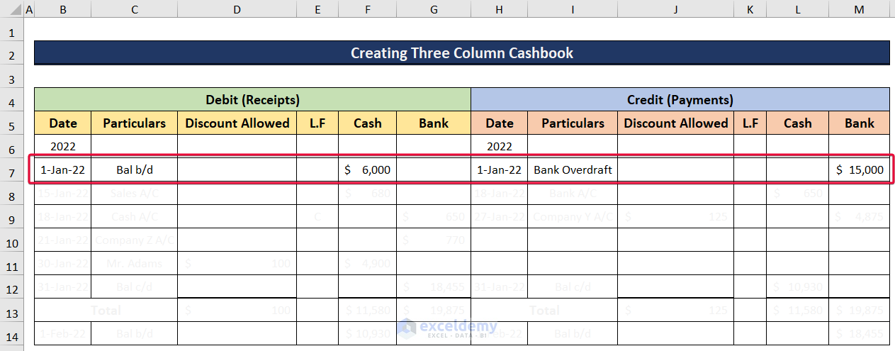 entering first data for three column cashbook excel