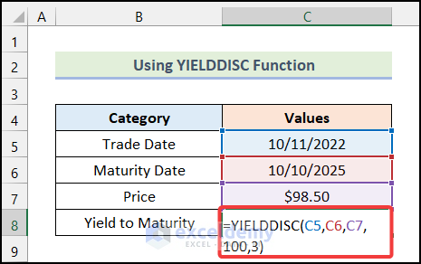 Using YIELDDISC function to make treasury bond calculator in Excel
