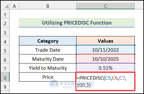 Using PRICEDISC function to make treasury bond calculator in Excel