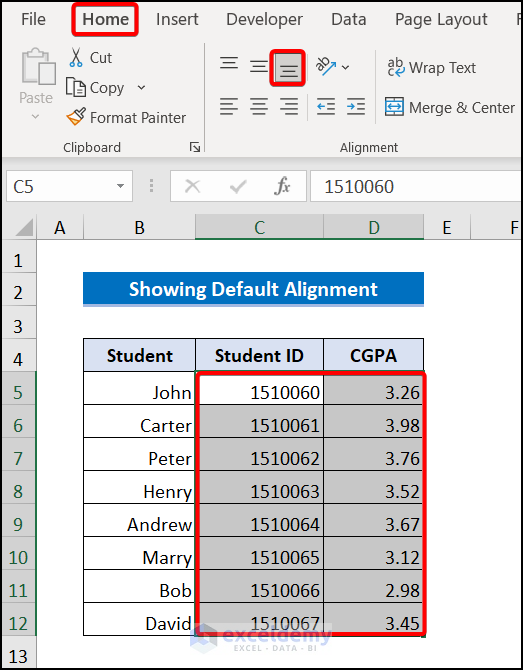 The Default Alignment of Numbers in Excel