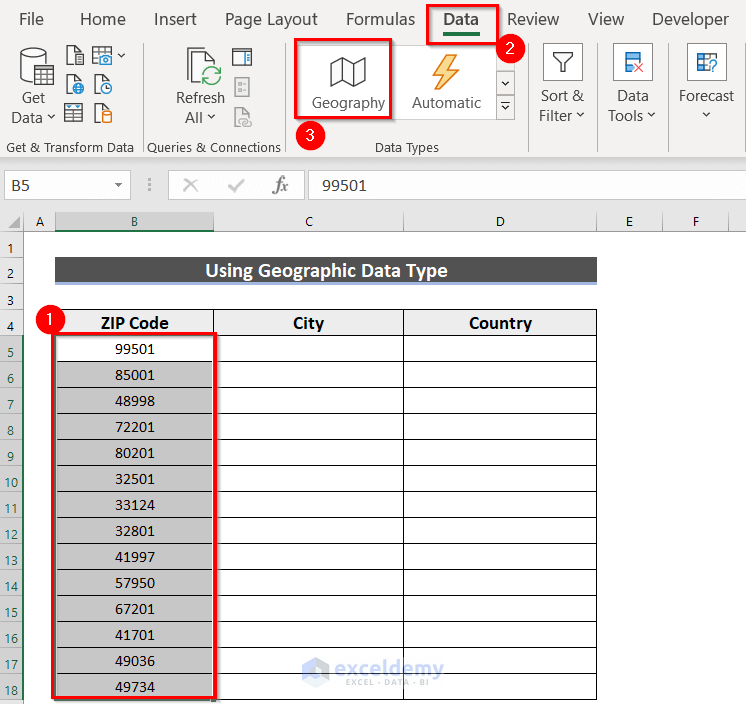 Applying Geographic Data Type for ZIP Code in Excel