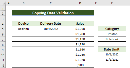 Final Dataset for How to Copy Data Validation in Excel