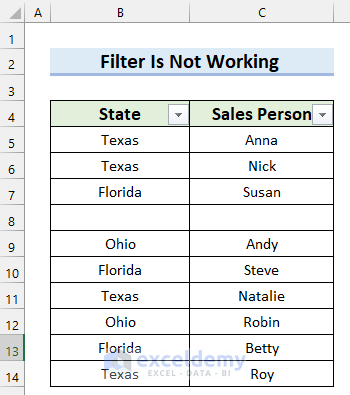 Dataset for Filter Is Not Working After Certain Row in Excel