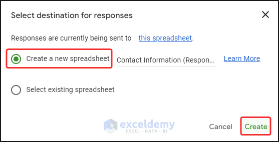 Create new spreadsheet to export Google form responses