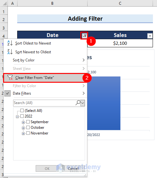 Uso de Borrar filtro de "Fecha" cambiar el rango de fechas en el gráfico de Excel como antes