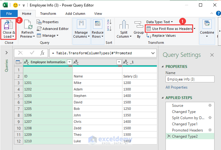 press Close & Load to load data in Excel