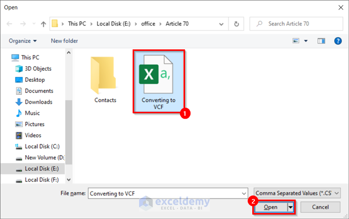 Open Dialog Box to Convert Excel File to VCF Without Software