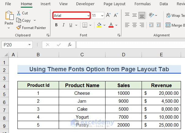 Output after Changing Default Font from Page Layout Tab